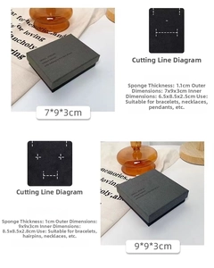 Detail view of 7x9cm and 9x9cm jewelry gift boxes with internal sponge insert dimensions