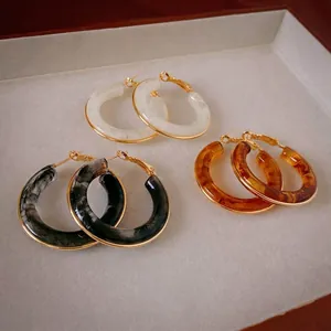 Retro French Hoop Earrings Resin Marble Texture Gold Plated Copper Geometric C-Shape Fashion Jewelry Women