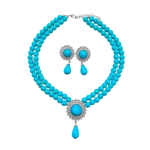 Vintage double-layer turquoise bead necklace and teardrop earrings set on white background