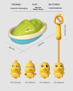 Close-up of motorboat and four yellow ducks for electric baby bath water toy set