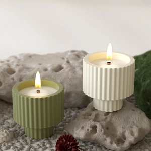 Minimalist striped candle jar set with wooden wicks on natural mossy stone landscape