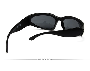 Close-up of steampunk cycling glasses temple with CE certification and model markings