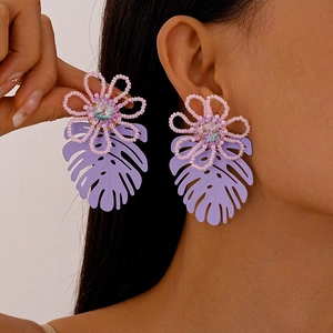 Purple Flower Monstera Leaf Dangle Earrings For Women Beaded Copper With Silver Earring Post Bohemian Tropical Style