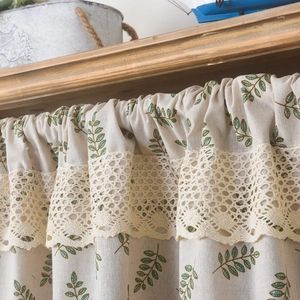 Linen blend short curtain with olive leaf print and lace trim for kitchen cabinets