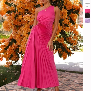 One Shoulder Maxi Dress Cutout Pleated High Waist Sleeveless Elegant Sexy Party Vacation Women Solid Color Polyester
