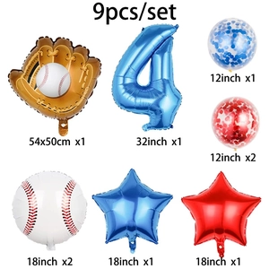 9pcs Baseball 4th birthday balloon set with glove, star and blue number 4 foil balloons