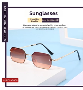 Detail of rimless square sunglasses with gold braided temples and gradient lenses