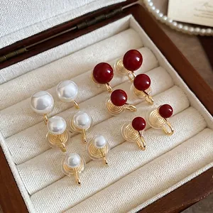 Elegant Imitation Artificial Pearl Clip On Earrings Non Pierced Gold Plated Copper Round Beads French Court Style For Women Girls