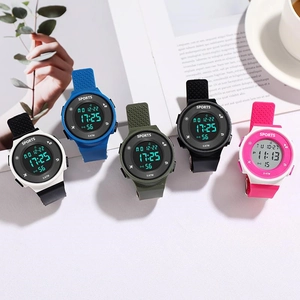 Group of colorful 5ATM waterproof digital sports watches in five different colors