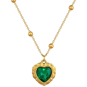 Golden titanium steel heart necklace featuring a green gemstone pendant on beaded chain