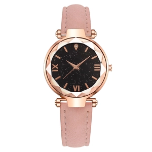 Women Quartz Watch Starry Sky Dial Rose Gold Alloy Case Geometric Cut Glass Leather Strap Fashion Minimalist Roman Numerals