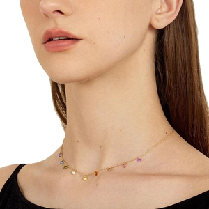 18K gold plated chain necklace featuring colorful round zircon stones worn by a model