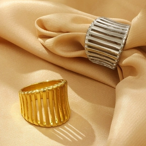 Modern 18K gold and silver plated stainless steel rings with vertical hollow stripes