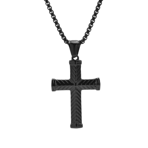 Collier croix vintage en acier inoxydable noir avec texture fléchée et chaîne box
