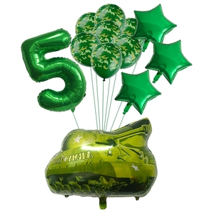 Army tank theme party balloon set with green camouflage number 5 and star balloons