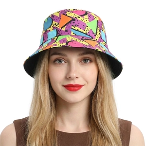 Close-up of geometric graffiti pattern on purple reversible sun hat with vibrant colors
