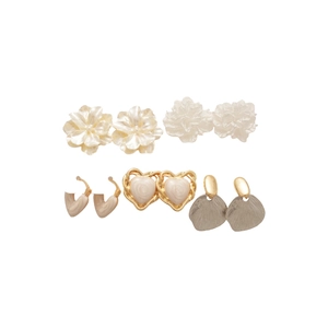 Elegant 5-pair heart flower pearl earring set in gold and silver resin for women