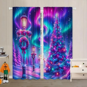 Detail view of aurora night Christmas trees digital print on polyester curtains