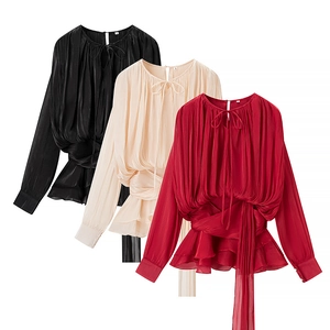 Robe courte en satin pour femme avec manches longues et taille nouée froncée