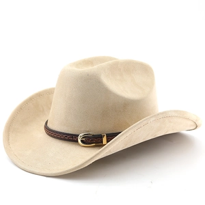 Close-up of beige suede cowboy hat with brown braided leather band and gold buckle