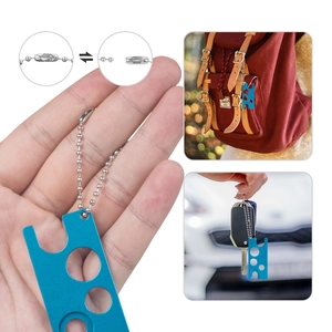 Blue multipurpose essential oil bottle opener keychain tool with metal beaded chain
