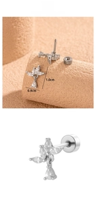 Detailed view of titanium steel zircon stud earring with 0.9cm x 1.0cm dimensions