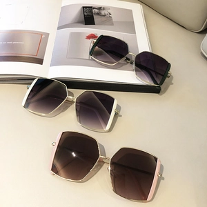 Three pairs of geometric square sunglasses for women with metal accents and gradient lenses