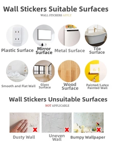 Guide showing compatible surfaces for panda wall stickers like glass, wood, and tile