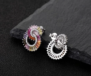 Macro detail of S925 sterling silver stamp and colorful gradient zircon stones