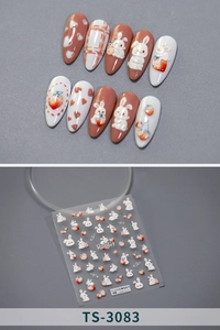3D relief nail stickers featuring milk bunny and strawberry motifs on matte fake nails