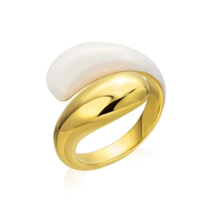 Minimalist gold-plated stainless steel open ring with white ceramic accents for women