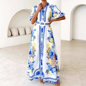 Abito Maxi Donna Poliestere Maniche Corte Revers Cintura Stampato Stile Boho Vacanze Casual Moda Colletto Camicia