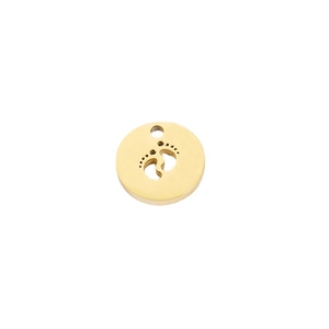 Golden stainless steel round pendant with hollow footprints design on white background