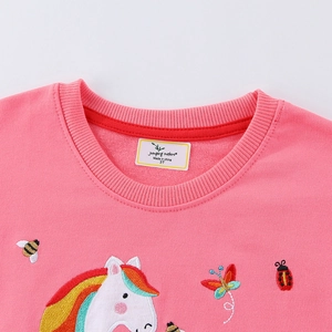 Pink cotton long sleeve sweatshirt for girls featuring colorful rainbow and unicorn embroidery