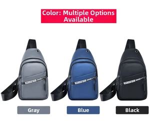 Detail view of water-resistant nylon chest bags in gray, blue, and black with strap accents