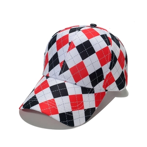 Classic baseball cap with red, black and white argyle pattern and curved brim