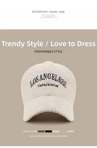Close-up of winter teddy fleece baseball cap with Los Angeles vintage embroidery