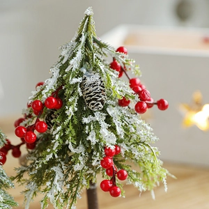 24cm snowy mini Christmas tree with red berries and pine cone on wooden base decor