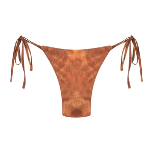 Brown textured side-tie bikini bottom with metallic sheen on white background