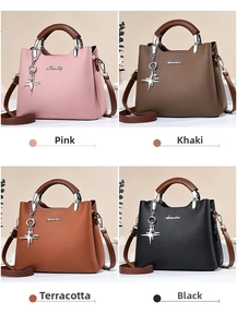 Multi-color leather handbags in pink, khaki, yellow, and black with starry metal charm