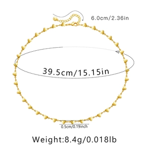 Detailed sizing guide for gold heart link necklace showing length 39.5cm and extender
