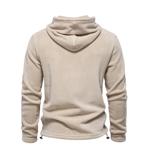 Back view of beige polar fleece sweatshirt with adjustable drawstring hem for men