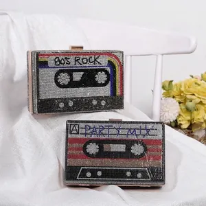 Retro cassette clutch bag with sparkling rhinestones and 80'S ROCK vintage party design
