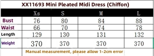 Tableau des tailles pour robe midi plissée en mousseline avec mesures de poitrine