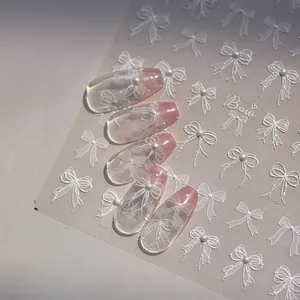 3D Relief Nail Art Stickers White Bow With Faux Artificial Pearl Lace Design DIY Manicure Decoration For Women Retro Style