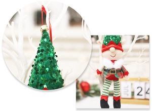 Detail of Christmas elf plush pendant with green sequin tree and small metal bell