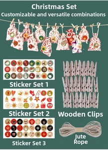 Christmas advent calendar kit with 24 linen bags, clips, jute rope, and stickers