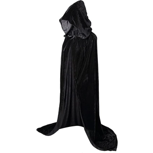 Full-length black velvet hooded cloak with neck ties for Halloween cosplay costumes