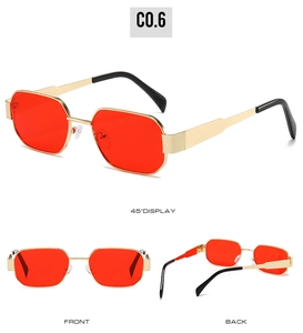 Detail view of red polygonal lenses with gold metal frames and C0.6 color code