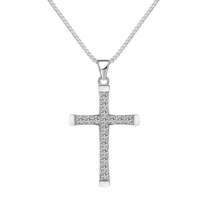 Hip hop style silver cross pendant necklace with sparkling cubic zirconia on box chain